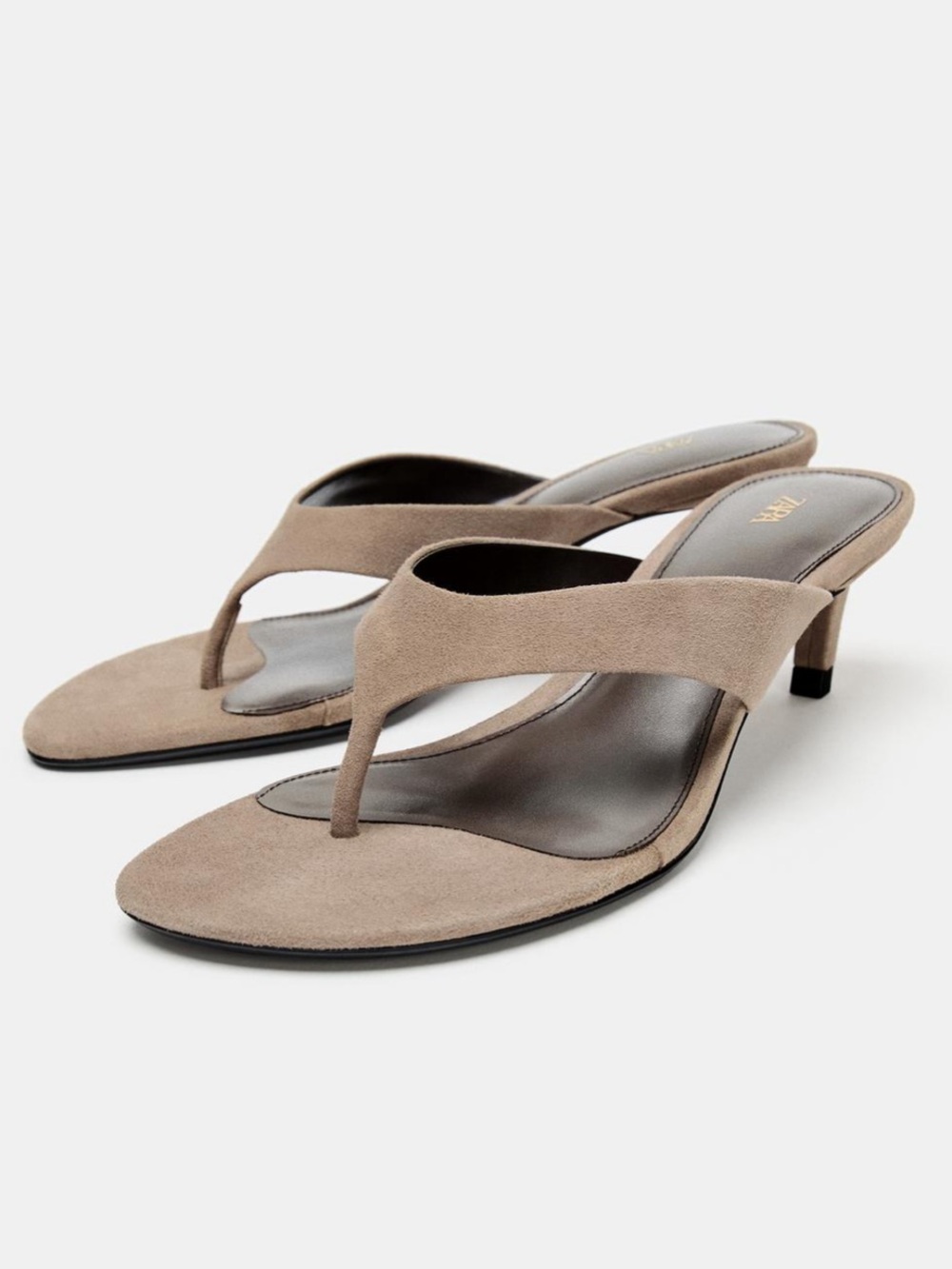 ZARA SUEDE HEELED SANDALS LEATHER BEIGE FLIP FLOP THONG KITTEN HEEL 1313/710 6.5